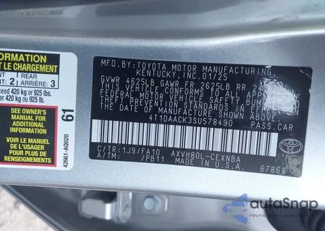 2025 Toyota Camry Le из США, поврежденный, VIN 4T1DAACK3SU578490